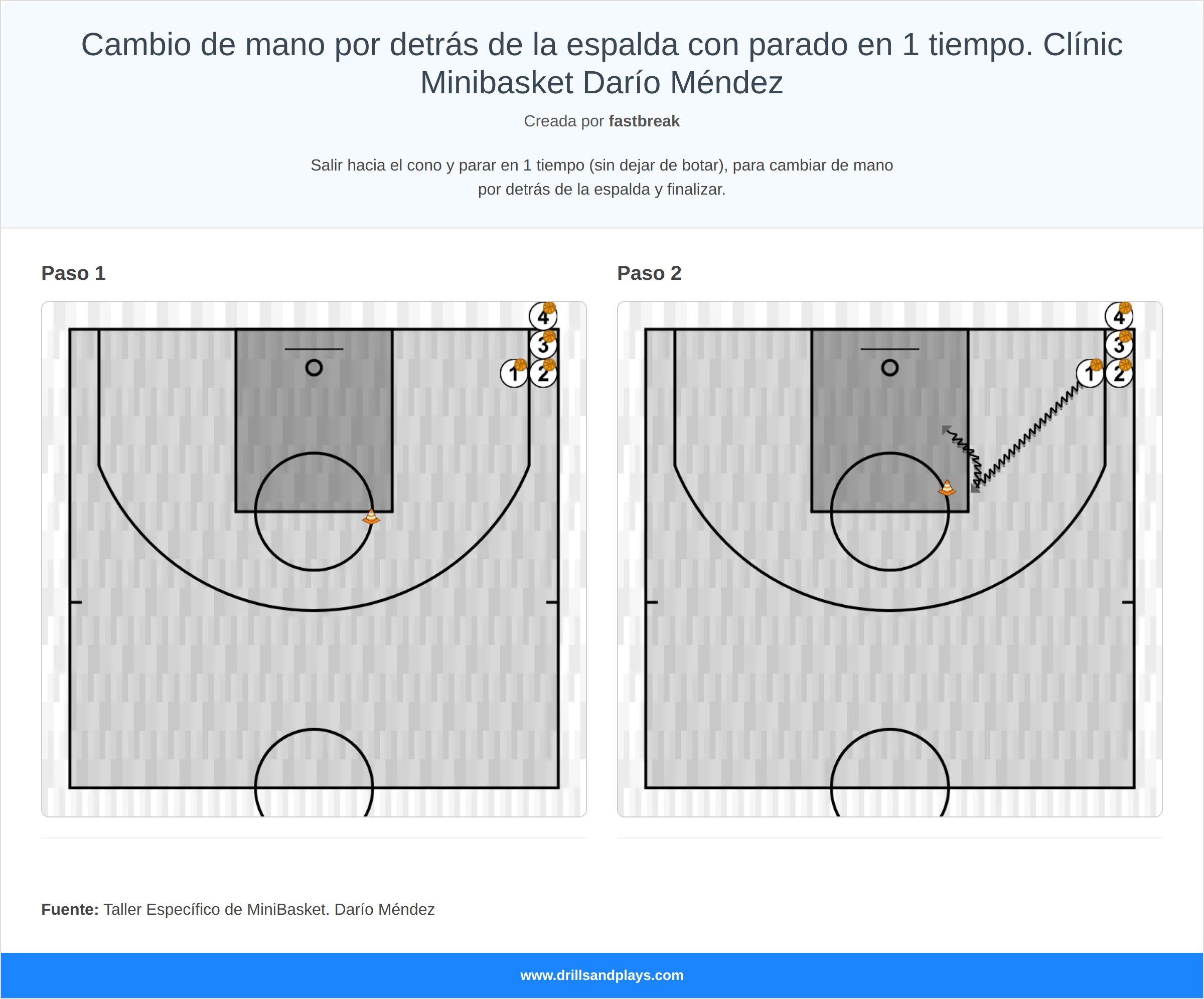 Ejercicio de baloncesto cambio de mano por detrás de la espalda con parado en 1 tiempo. clínic minibasket darío méndez