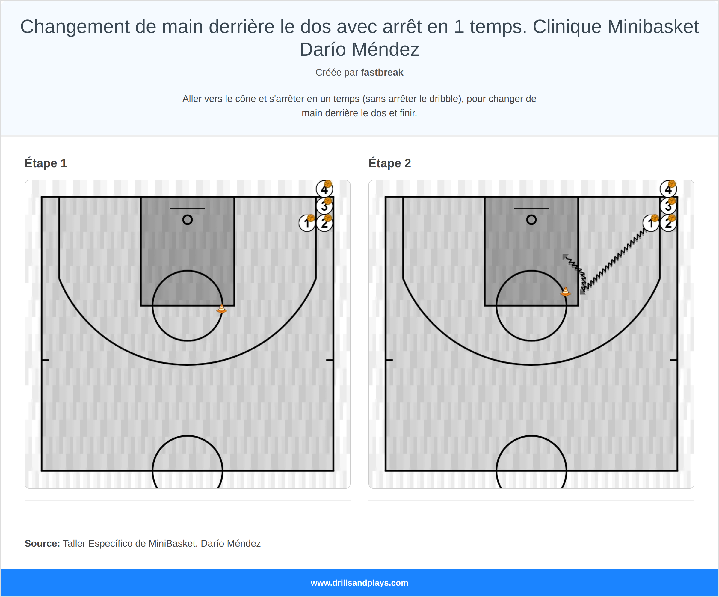 Exercices de basket-ball changement de main derrière le dos avec arrêt en 1 temps. clinique minibasket darío méndez