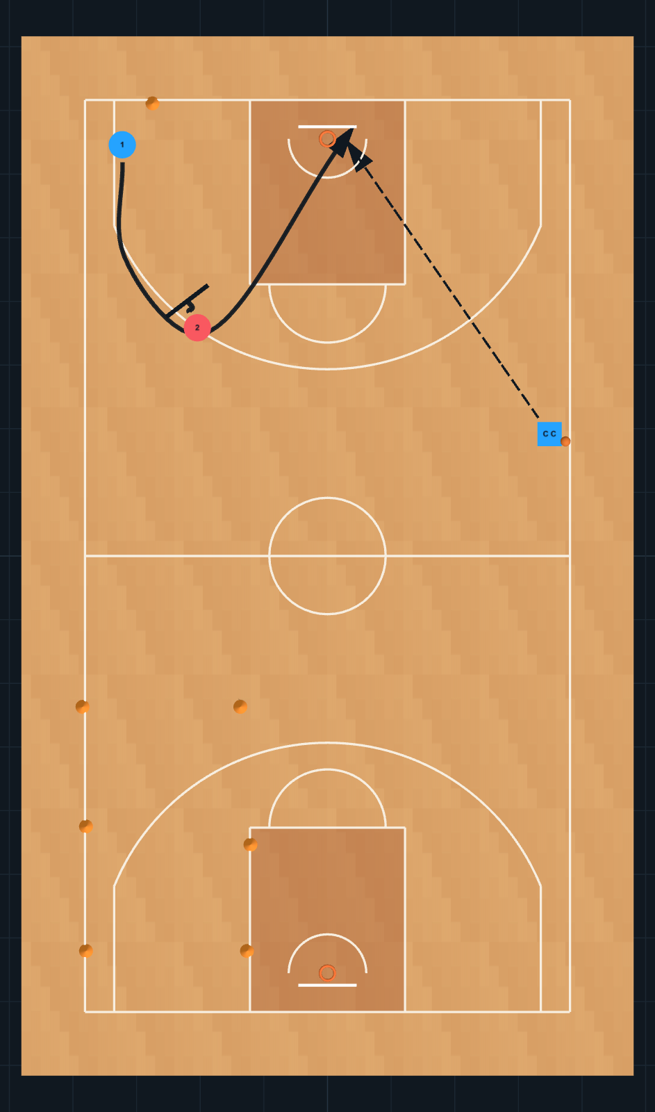 Basketball Drill diagram: Bote lateral, recibir bloqueo, finalizacion, STEP 11