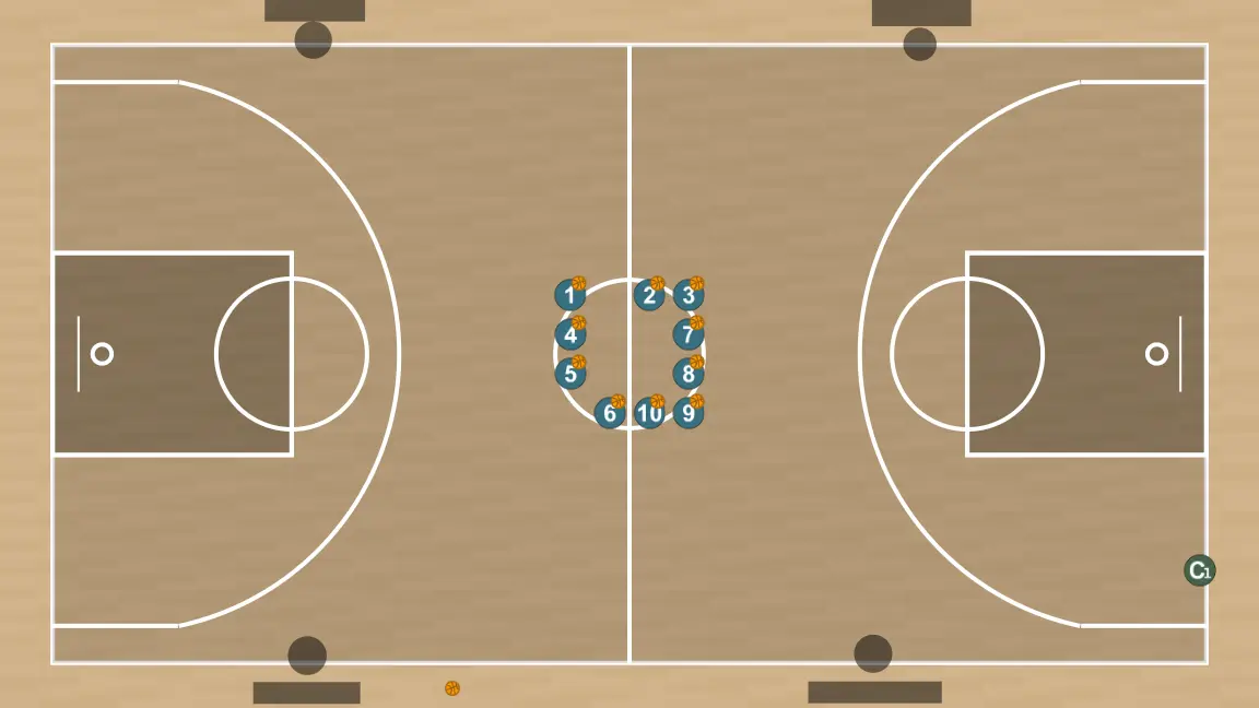 Exercício de basquete séance tir au panier multiple individuel, passo 1: cada jogador é posicionado estrategicamente para maximizar a eficácia na primeira fase do ataque
