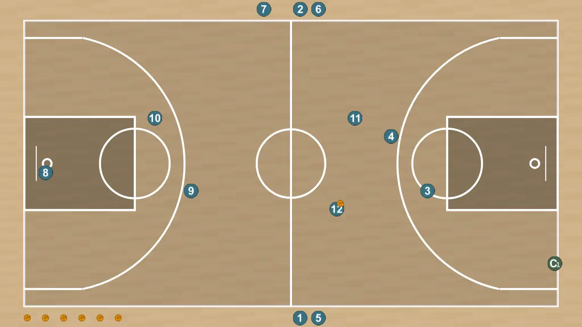 Ejercicio de baloncesto 2vs2 toda la pista, paso 6: definimos la posición inicial de los jugadores, colocando cada uno estratégicamente para optimizar los pases y las opciones de ataque