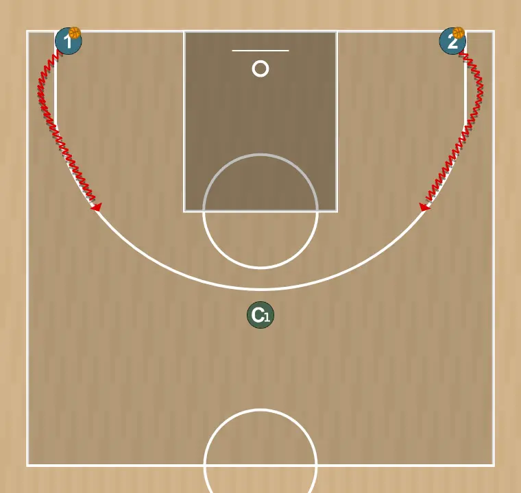 Ejercicio de baloncesto toma de decisiones y finalizaciones, paso 2: inicio del ejercicio:ambos/as jugadores/as salen botando a la vez hacia 45º