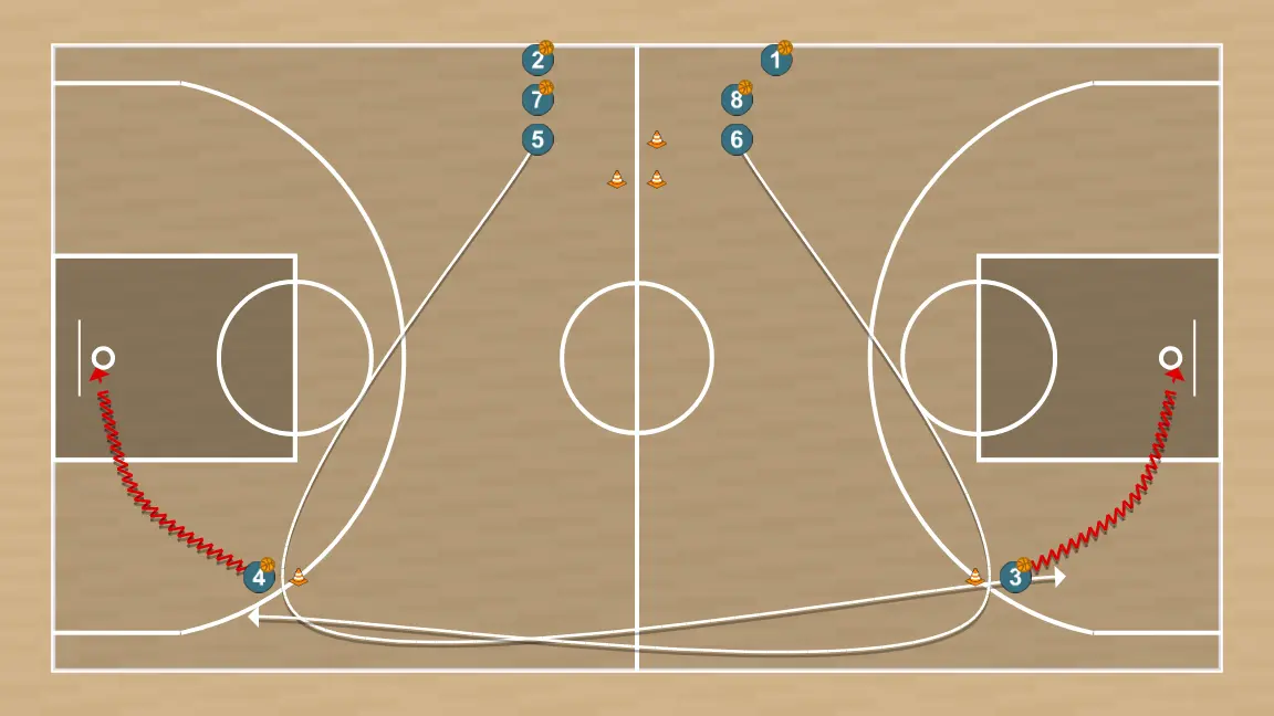 Basketball drill activacion tecnico/tactica 4, step 4: 5 moves strategically to provide new passing lanes and open space