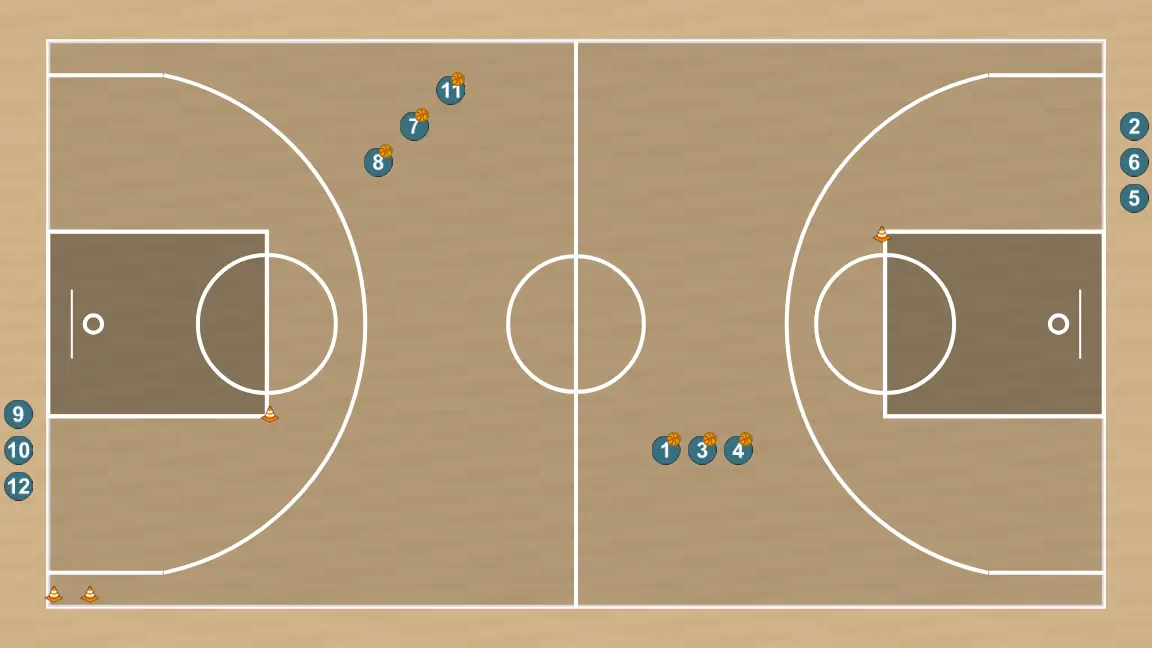 Basketball drill shooting competition, step 4: players adopt their starting formation, prepared for coordinated movements and penetration options
