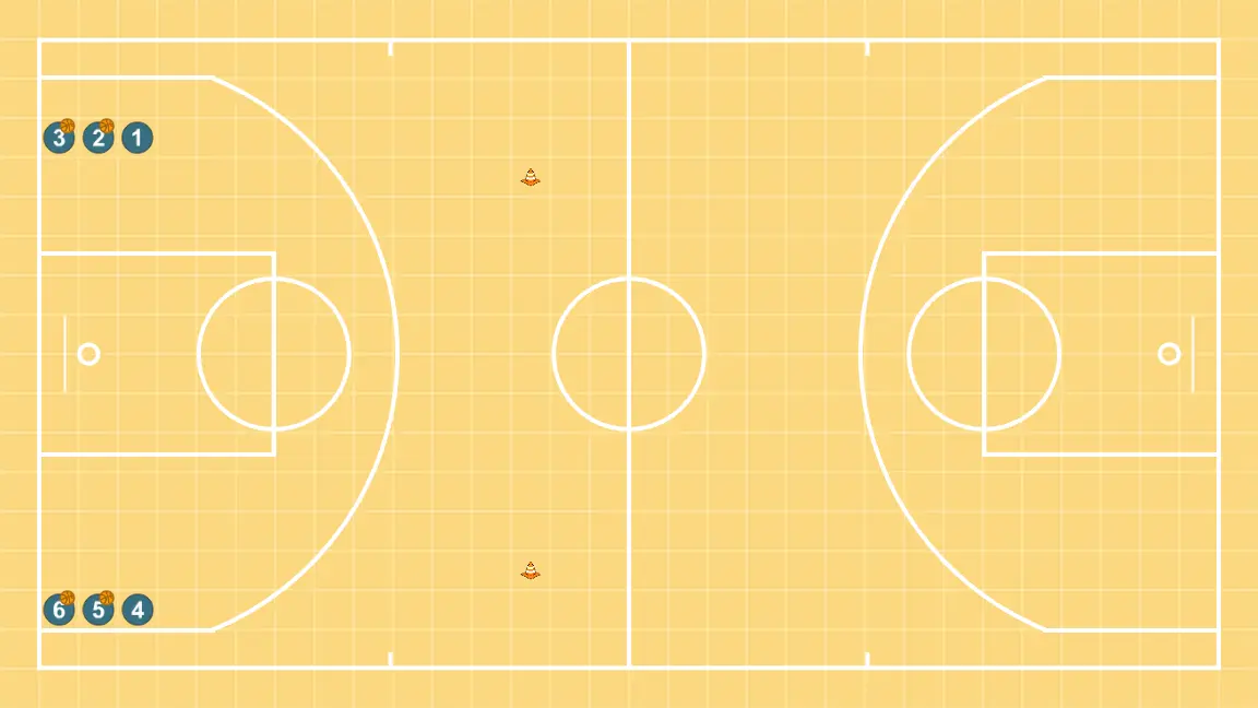 Tijeras - STEP 1: <div>2 filas de jugadores ambos lados de la linea de zona, todos con balon, menos el primer jugador de cada fila</div>